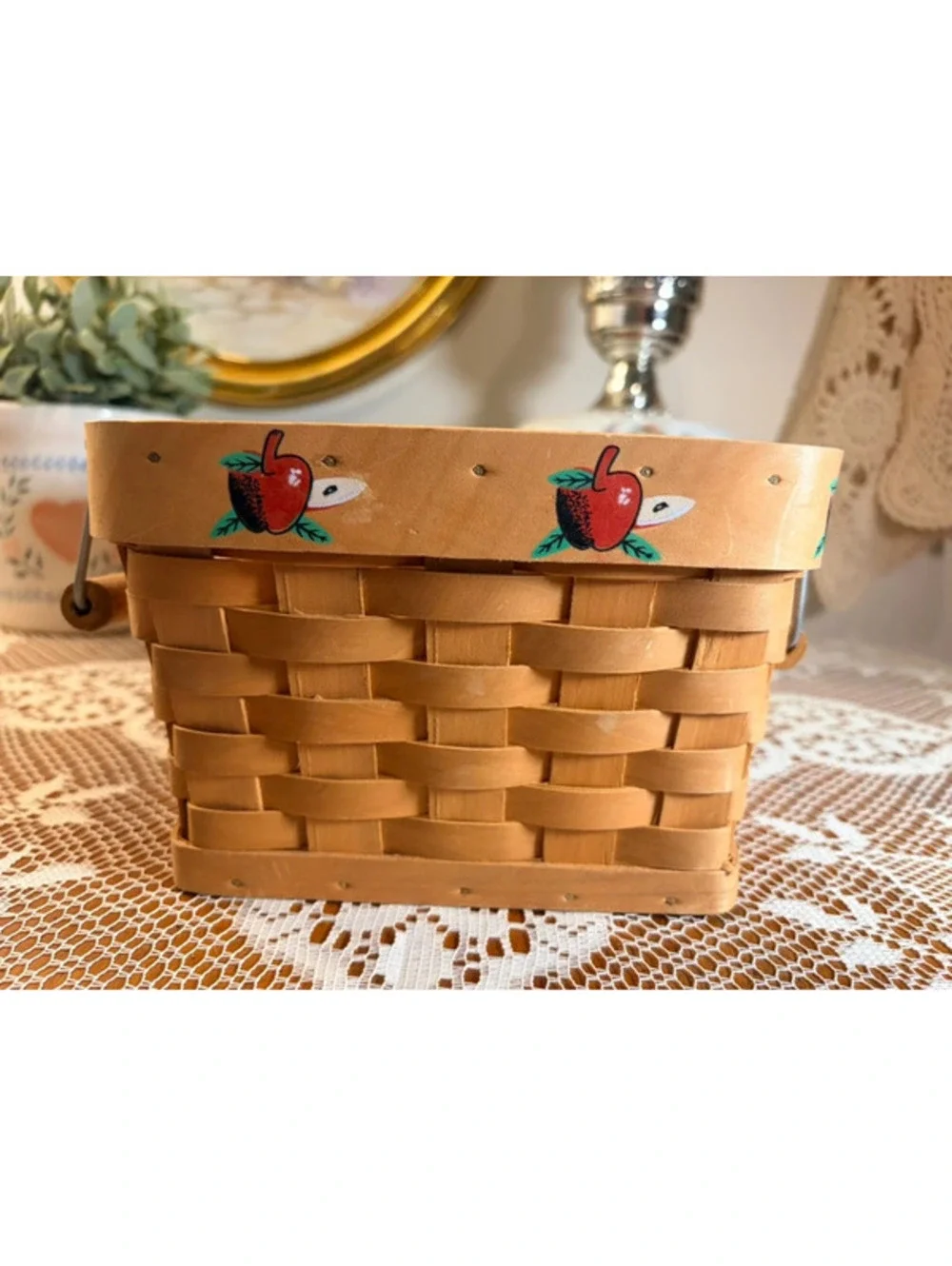 Apple Motif Woven Wood Gathering Basket with Swing Handle
